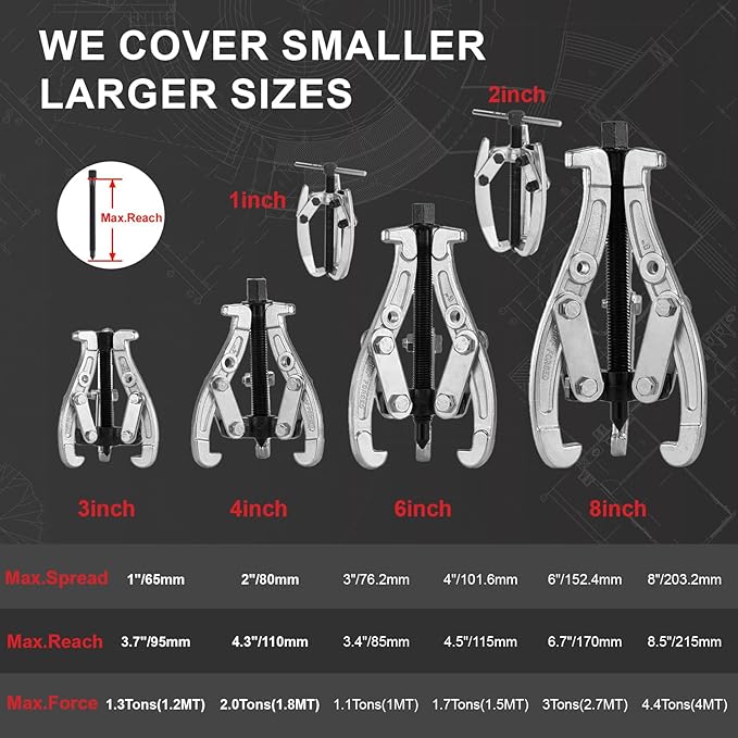 6-Piece Bearing Puller Set, 1"-8" Gear & Pulley Puller, 3-Jaw Industrial Tool with Reversible Jaws