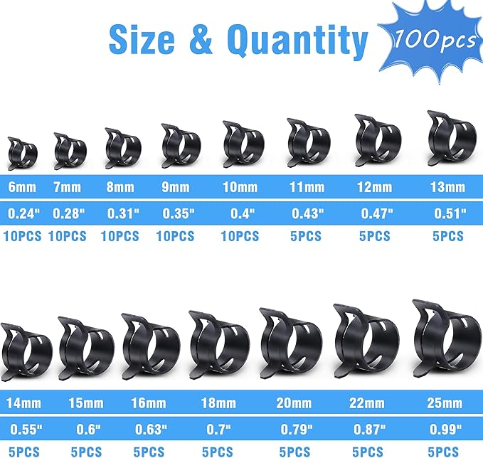 100Pcs 6-25mm Spring Band Hose Clamps With Swivel Flat Hose Clamp Plier Assortment Kit, Constant Tension Steel Clamps for Fuel Lines, Silicone, Vacuum Hoses & Low-Pressure Air Clips By PEROMI