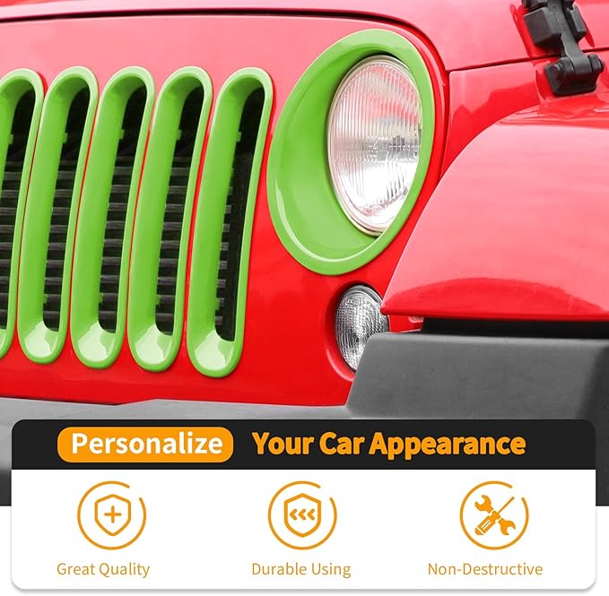 Hoolcar Front Grille Insert Cover & Headlight Bezel Cover Trim Fit for Jeep Wrangler JK JKU 2007-2017, Exterior Accessories, Light Green