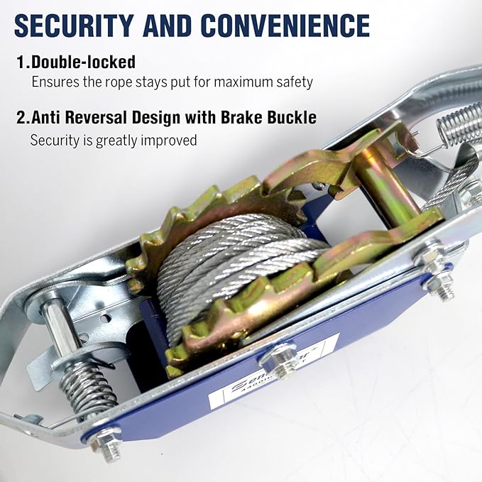 Come Along Winch - 4400 lbs/2T Pulling Capacity,12ft Steel Cable,2 Hooks,Dual Gear Power Puller,Automotive Hoist Cable Puller for Vehicle Rescue,Construction,Farm，Cable Winch Puller with Free Gloves