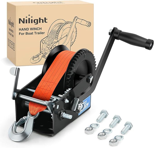 Nilight Boat Trailer Winch 3500 LBS Hand Crank Winch Heavy Duty Boat Winches with 33 FT Orange Strap Rope Hook Two Way Ratchet 4:1 8:1 Gear Portable Marine Manual Winch for Trailers Boat RV ATV Towing