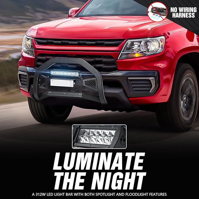 Bull Bar with LED Light Bar & License Plate Frame Compatible for 2015-2022 Chevy Colorado & GMC Canyon Front Grill Guard Grille, Truck Brush Guard, Bumper Push (Include Skid Plate & Light Mount)