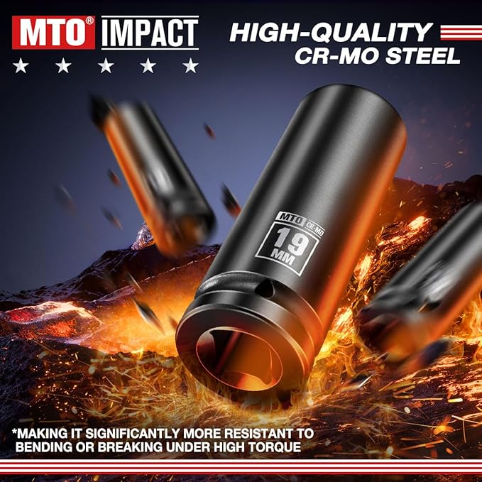 MTO 1/2" Drive 19mm Deep Impact Socket, 6 Pt. Metric Socket, CR-MO Steel & Anti-Corrosion Coating for Heavy-Duty Use