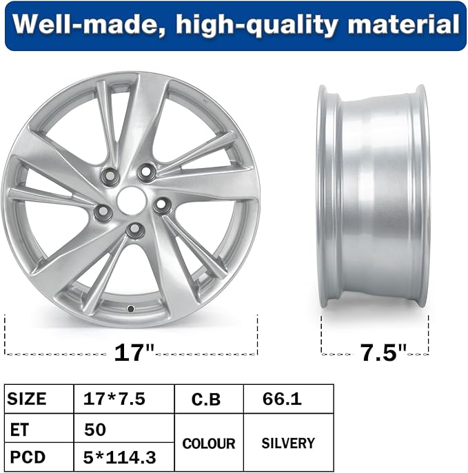 New 17''x7.5'' Aluminum Alloy Replacement for OE Wheel Rim Compatible with Nissan-Altima 2013-2016, Silver, 62593, PCD 5x114.3, Set of 4
