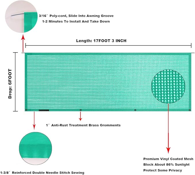 Tentproinc RV Awning Shade Screen 6'X17'3'' Gift Blue Mesh Sunshade Camping Trailer UV Sun Blocker Complete Kits - 3 Years Limited Warranty