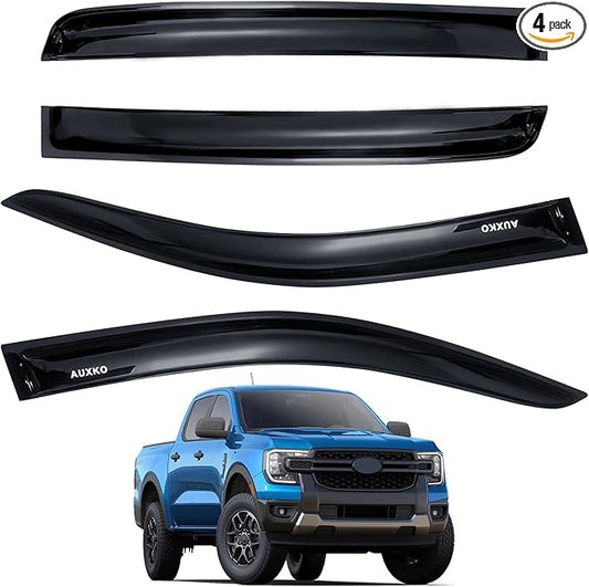 AUXKO Rain Guards for Ford Ranger 2024 2025 XL XLT Lariat Raptor, Window Vent Visor Accessory - Tape-On Rain Guard Window Visors for Ford Ranger, Truck Side Window Wind Deflectors & Visors Smoke Black