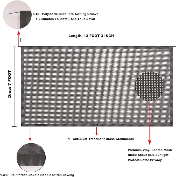 Tentproinc RV Awning Sun Shade 7' X 13' 3'' (Fit for 14' Awning) Mesh Screen Sunshade Motorhome Camping Trailer Awning Screenshade UV SunBlocker - 3 Year Warranty (Brown)