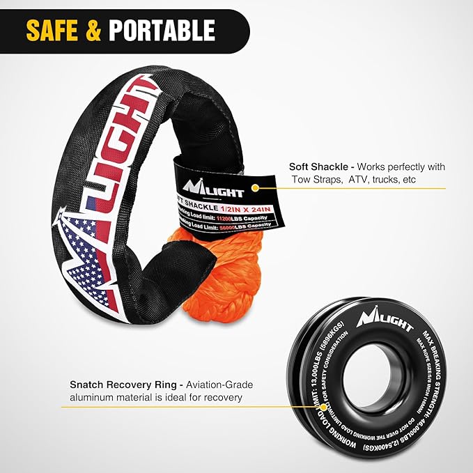 Nilight Synthetic Soft Shackle & Recovery Ring Kit 1/2inch x 24inch Soft Shackle (56,000 LBS Breaking Strength) with Snatch Ring (46,000 LBS MBS) for 4x4 Truck SUV ATV Off Road, 2 Years Warranty
