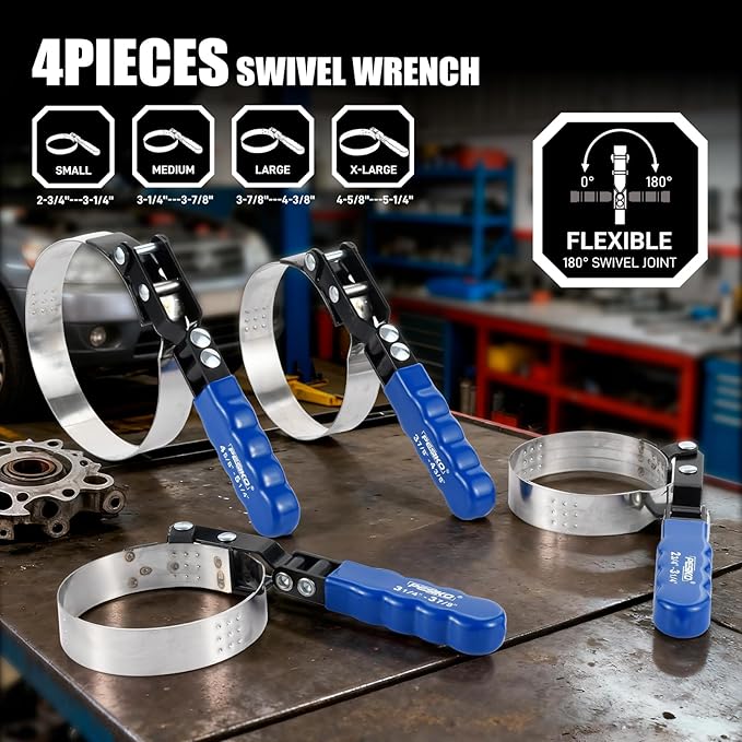 14 Piece Oil Filter Wrench Set, 7pcs Oil Fliter Socket and 64mm Wrench, 4pcs Stainless Steel Swivel Wrenches, 12" Oil Filter Pliers, Universal 3-Jaw Removal Tool, Organized in Storage Case