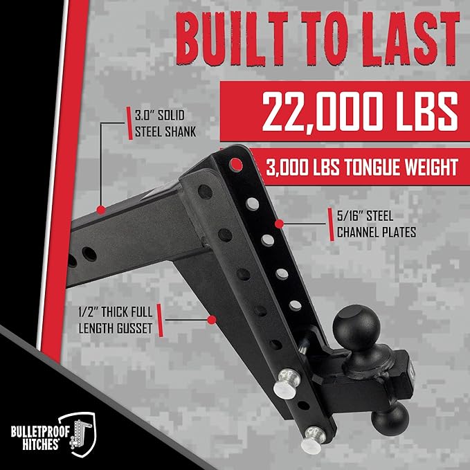 BulletProof Hitches - 3.0" Adjustable Heavy Duty Trailer Hitch (22,000 lb. Rating) - 10" Drop/Rise Trailer Hitch with 2" & 2-5/16" Dual Ball - Powder Coat, Solid Steel, Corrosion-Resistant