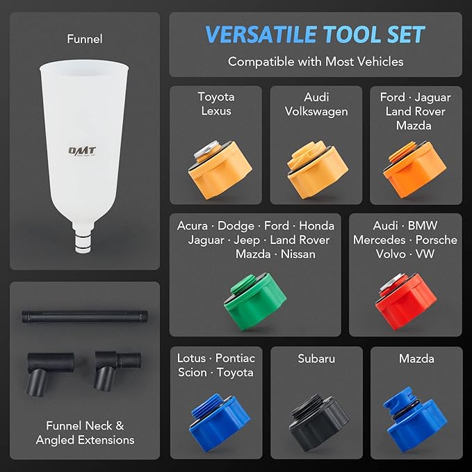 Orion Motor Tech 2 qt Engine Oil Funnel Set with Flexible Extension & 8 Adapters, Spill Free Large Funnel for Automotive Use- Compatible with Toyota Jeep Mazda Ford Dodge and More