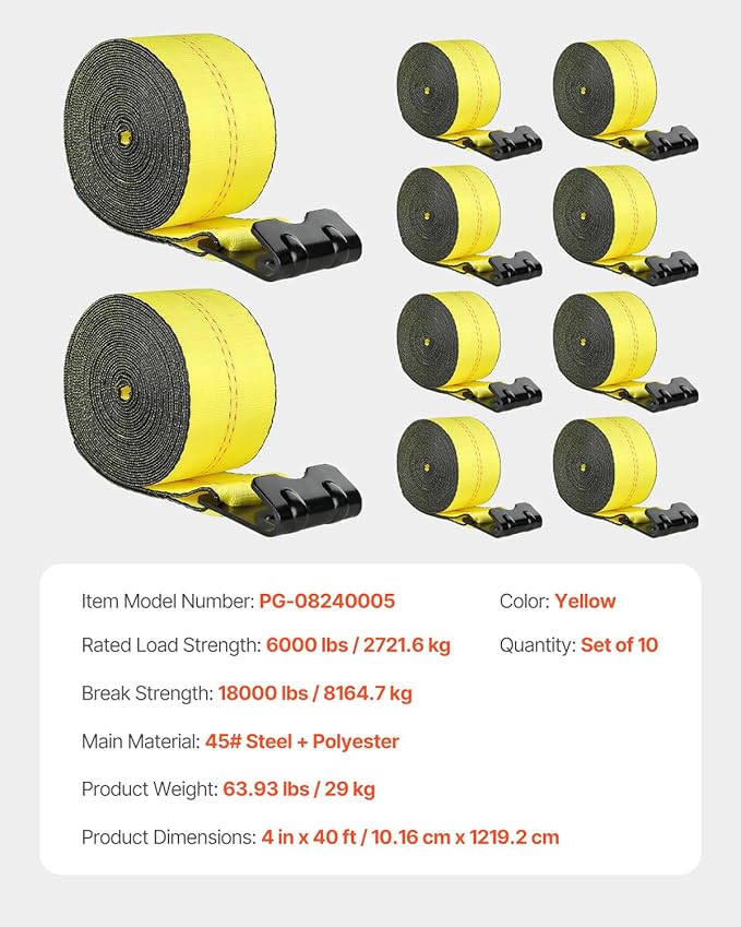 VEVOR Truck Straps, 4" x 40' Heavy Duty Tie Down w/Flat Hooks 18,000lbs Break Strength, WLL# 6000lbs, Cargo Straps tie Down for Flatbeds, Trucks, Trailers, Farms, Rescues, Tree Saver, Yellow(10 Pack)