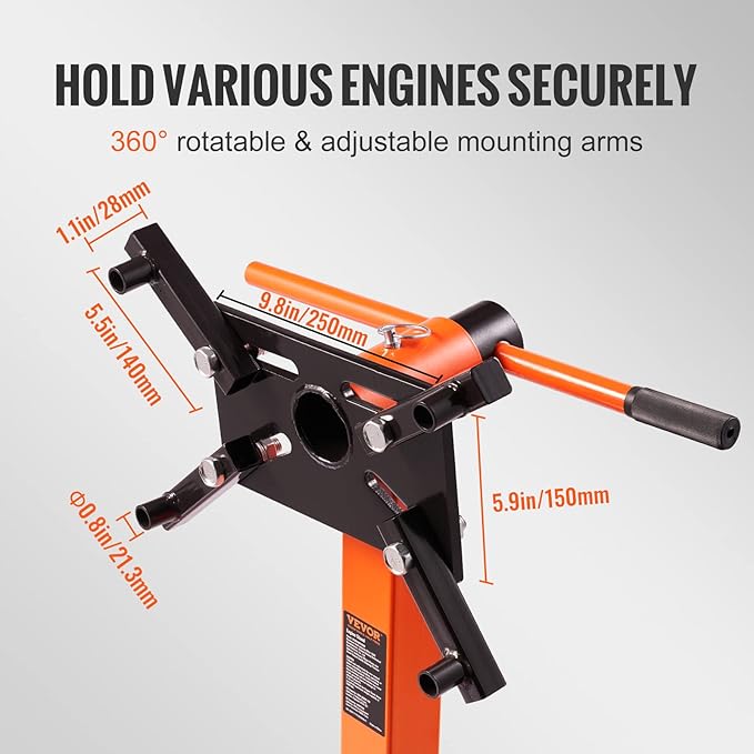 VEVOR Engine Stand, 3/4 Ton (1500 LBS) Capacity Engine Motor Stand, with 360-Degree Rotating Head, Heavy-Duty Steel Engine Lift Stand with 5-Casters, 4 Adjustable Arms, Orange
