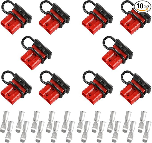 10 Pcs 6-8 Gauge 50 Amp Battery Quick Connect/Disconnect with Dustproof Cover, Jumper Cable Plug Connector Kit for Recovery Winch, Forklift, Towing Systems (Red)