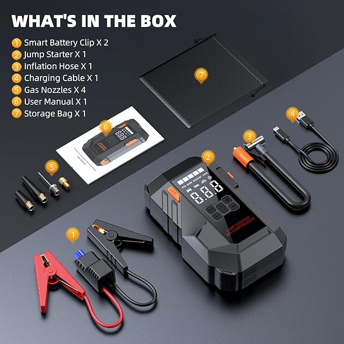 Jump Starter with Air Compressor, 6000A 160PSI Portable Car Battery Jump Starter (All Gas/12L Diesel), 12V Jump Box Car Battery Jump Starter Portable with Smart Jumper Cables, LED Light, LCD Display
