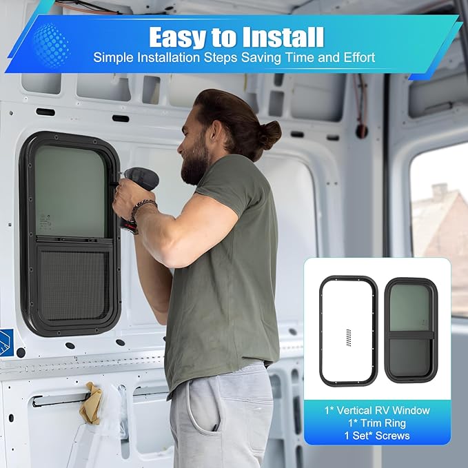 12" W x 22" H RV Window Vertical Sliding, DOT Certified - Shatterproof Tempered Tinted Glass, with Net Screen and Trim Ring, Teardrop Replacement Trailer Camper Window