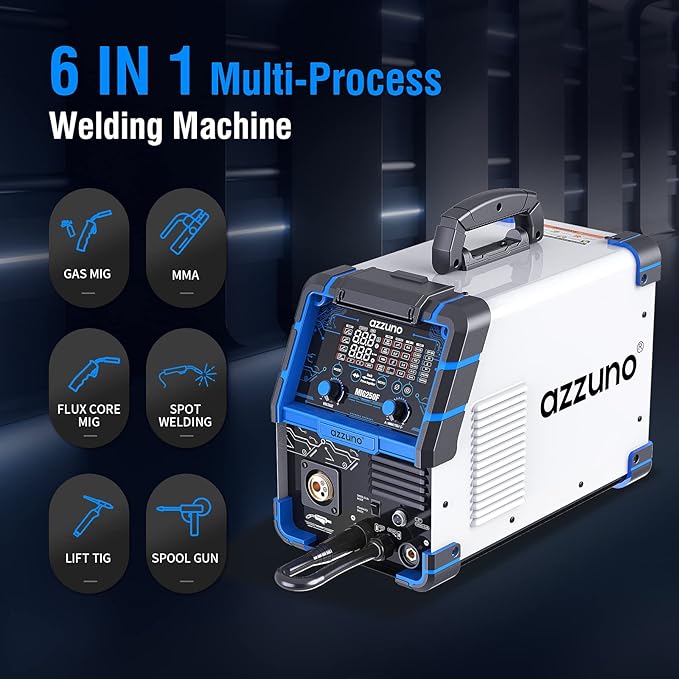AZZUNO Aluminum 250Amp MIG Welder,6 in 1 Gas MIG/Gasless Flux Core/Stick/Lift TIG/Spot Welding/Spool Gun Compatible Welding Machine 110V/220V Large LED Display Multi Process Welder