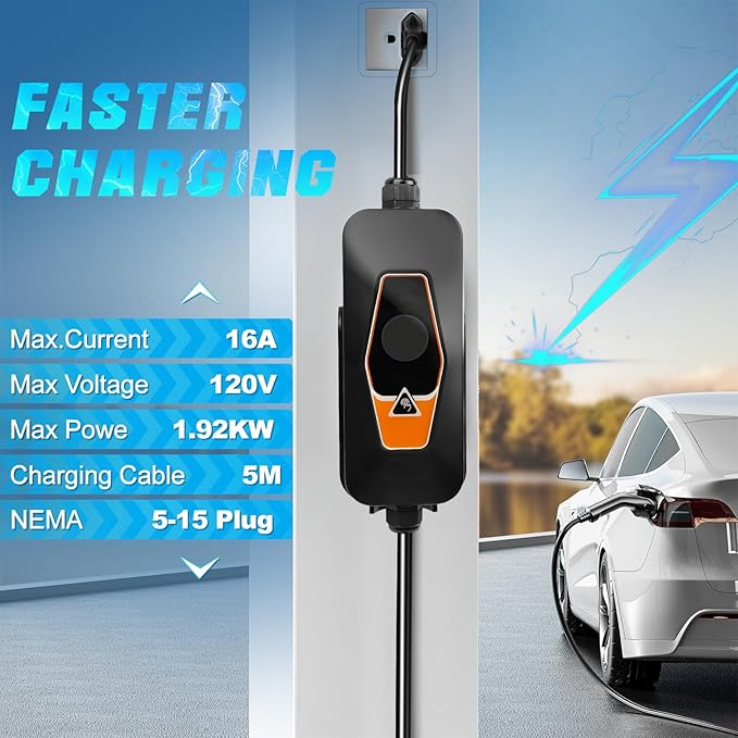 Portable EV Charger Level 1, 16Amp 120V, Electric Vehicle Charger with 16.5FT Cable, NEMA 5-15 Plug, Portable Electric Car Charger, Compatible with SAE J1772 Evs