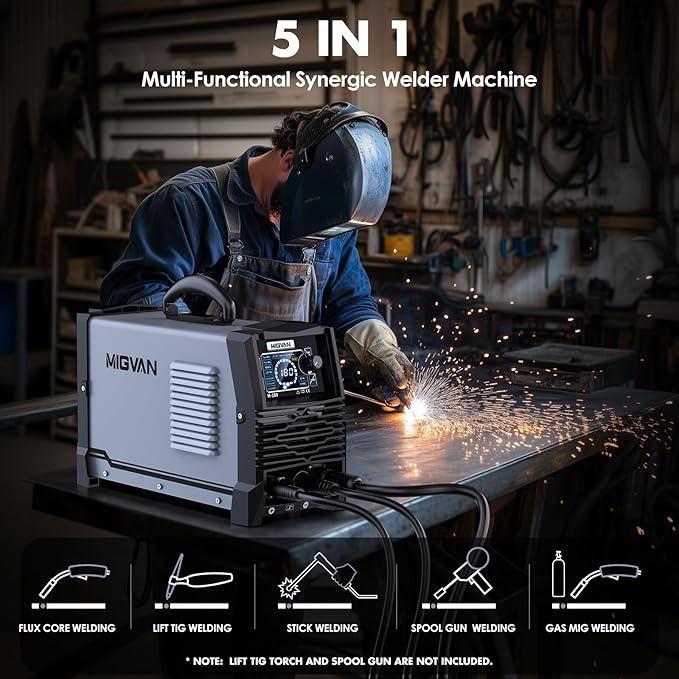 180A MIG Welder Machine, 110V/220V Dual Voltage Gas/Gasless Flux Core/Lift TIG/Stick/Spool Gun 5-in-1 Synergic Welding with 2T/4T, Portable Welders for Beginner, DIYers & Professionals