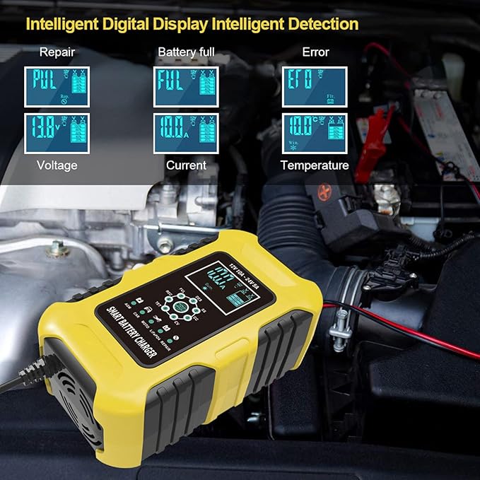 10-Amp Motorcycle & Car Battery Charger,12V and 24V Pulse Repair Charger,Trickle Battery Quick Charger & Maintainer for Truck ATV Lawn Mower Tractor SLA AGM Gel Wet Lead-Acid LiFePO4 Battery