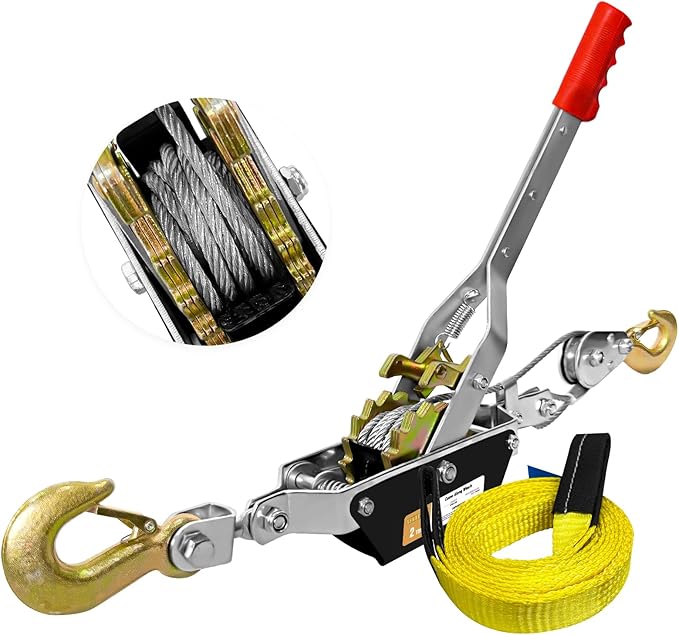 Come Along Winch Heavy Duty, 7FT 2T Come Along Pulling Tool 2 Gears 2 Hooks, Cable Winch Puller, Come Along Power Puller Ratchet Tool for Construction Automotive Farm Fences