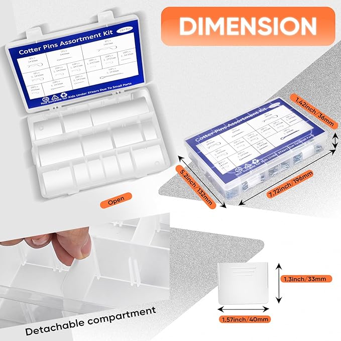 197Pcs Hitch Pin,13 Sizes Hardware Cotter Pins Clip Assortment Kit - 304 Stainless Steel R Hairpin Cotter Fastener Clip Suitable for Truck and Engine Maintenance, Hanging Needle Lock System