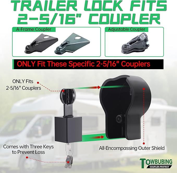 Trailer Lock Fits 2 Inch Coupler, Upgrade Anti Theft Heavy-Duty Steel Trailer Hitch Locks, Camper Accessories for RV, Trailer, Boat, Pickup (2-5/16In)