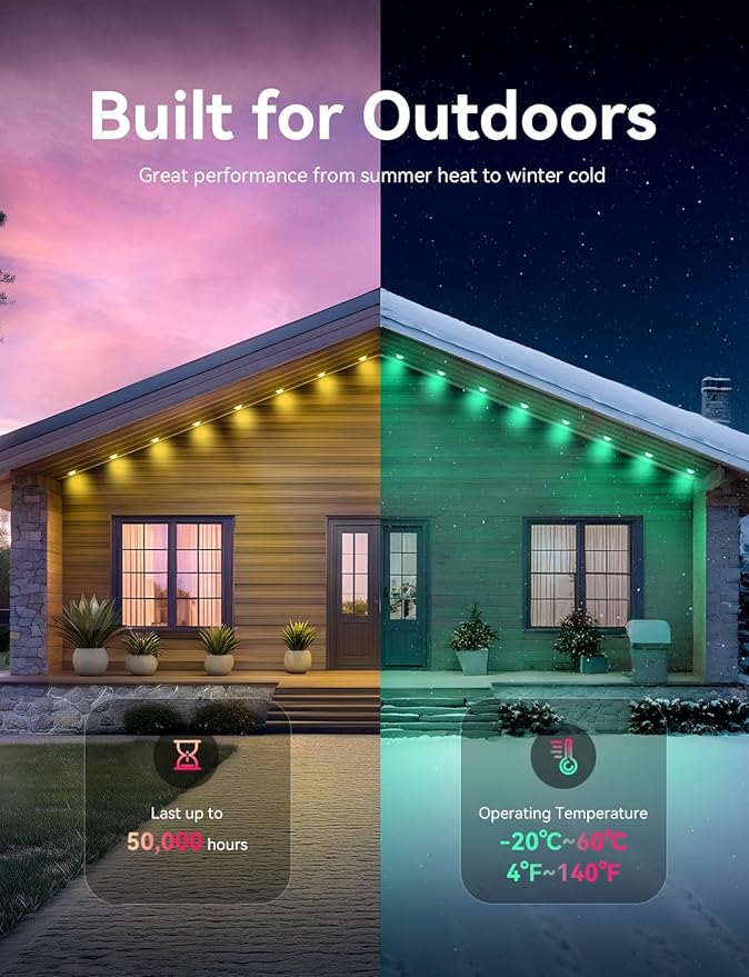 150FT Permanent Outdoor Christmas Lights for House, APP & Remote Control RGB LED Strip, IP67 Waterproof Eave Lights with DIY Colors for Halloween, Garden, Patio Decor