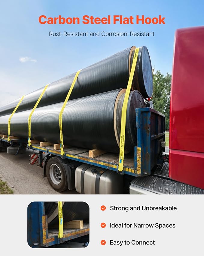 VEVOR Truck Straps, 4" x30' Heavy Duty Tie Down w/Flat Hooks 18,000lbs Break Strength, WLL# 6000lbs, Cargo Straps tie Down for Flatbeds, Trucks, Trailers, Farms, Rescues, Tree Saver, Yellow(10 Pack)