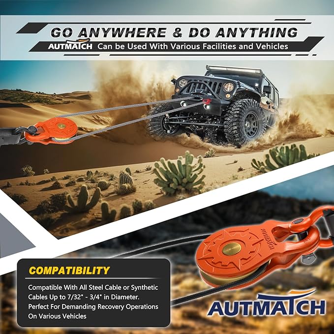 AUTMATCH Winch Snatch Block 18 Ton - Winch Pulley (79,366 Lbs) Break Strength, Heavy Duty Off Road Recovery Towing Pulley Blocks for Synthetic Rope or Steel Cable, Truck, UTV, ATV, Orange