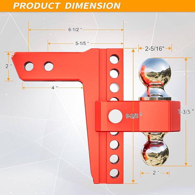 LOCAME Adjustable Trailer Hitch, Fits 2-Inch Receiver Only, 8-Inch Drop/Rise Aluminum Drop Hitch,12,500 LBS GTW-Tow Hitch for Heavy Duty Truck with Double Stainless Steel Locks, Red, LC0014