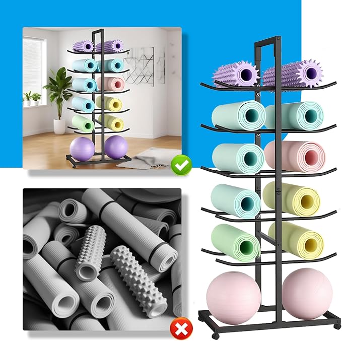 Yoga Mat Holder, Yoga Mat Storage Rack Floor-Standing, Home Gym Double Sided Foam Roller Holder Rack, Large Capacity Yoga Blocks Organizer Shelf on Wheels, 5 Tier Metal Rolling Cart (black, 5th floor)