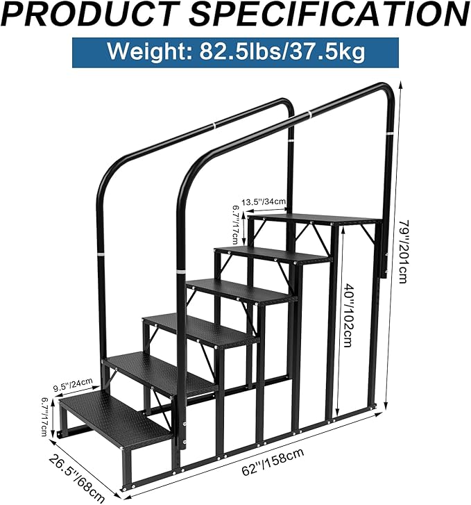 RV Steps, 6-Steps RV Stairs with Handrail Hot Tub Steps Camper Steps, Non-Slip Steps Outdoor Stairs for RV, Trailer, Mobile Home Stairs, Outdoor Spa