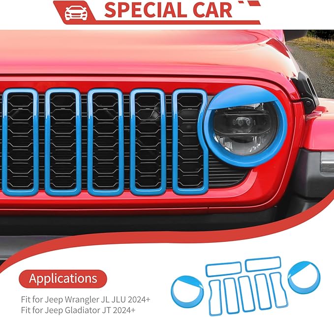 Front Grill Inserts Front Headlight Cover Kit fit for Jeep Wrangler JL JLU Gladiator JT 2024+ Exterior Accessories,Light Blue