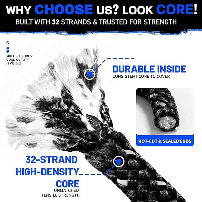 Kinetic Recovery Rope (Reflective) | 1.25in x 30ft 56,000Lbs Heavy Duty, 35% Elasticity Tow Rope - Offroad Snatch Strap for 4x4 Truck SUV UTV ATV Jeep