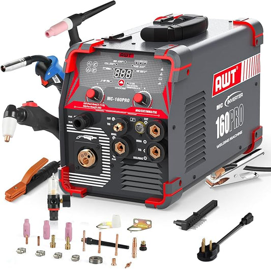 AWT MIG Welding Machine,160A 5 in 1 Plasma Cutter Welder Combo HF TIG/Gas MIG/Flux MIG/Stick Welding,110/220V Dual Voltage, Multi-Process Welder MIG88-160M