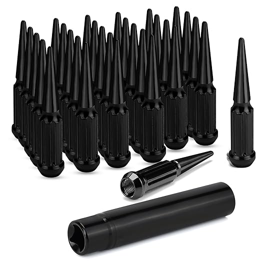 1/2‘’-20 Spike Lug Nuts, Set of 24 Black Spline Spiked Lug Nut with Key for Chevrolet Silverado 1500, Ford F-150 1997-2024, Dodge Ram 1500 1994-2024, Toyota Tacoma 1995-2024