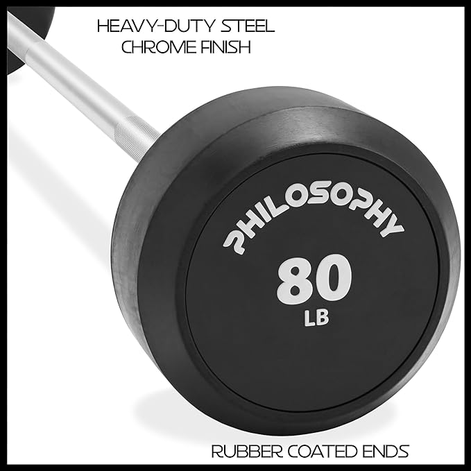 Philosophy Gym Rubber Fixed Barbell, Pre-Loaded Weight Straight Bar for Strength Training & Weightlifting