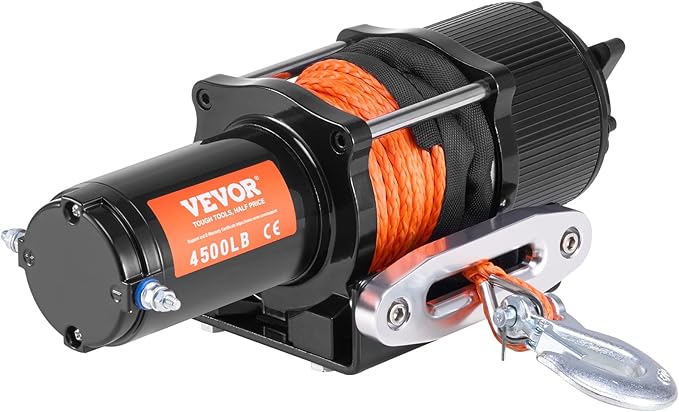 VEVOR ATV Winch, 4500 lb Electric Winch with Synthetic Rope, 12V DC ATV UTV Winch 1/4 in x 39 ft Aluminum Fairlead Wired Remote Control, IP55 Waterproof for Towing Boat Off Road Recovery