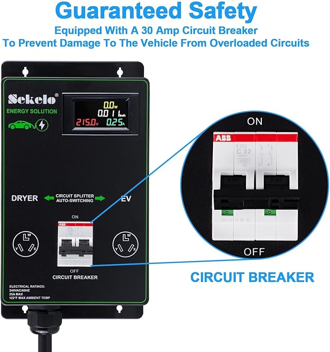 Smart EV Charging Integration: Sekelo Automatic Power Switch for Dryer & EV, NEMA 10-30, Fast Charging, Real-time Display