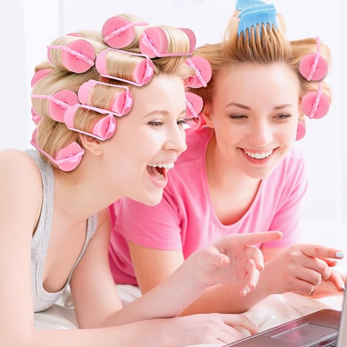 Geyoga 18 Pieces Sponge Hair Rollers Large Soft Foam Hair Styling Curlers Large Size Hairdressing Curlers for Women(1.18 x 2.6 Inches,Pink)
