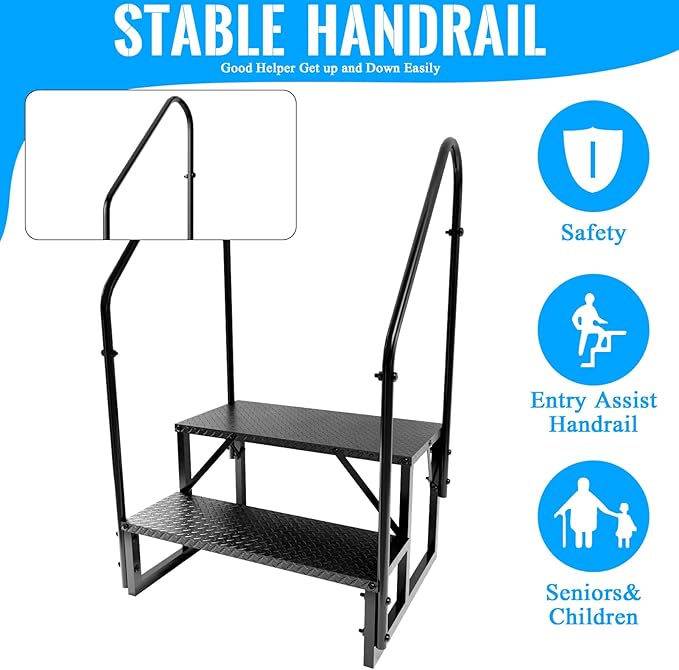 RV Step Stool, 2 Step Ladder, Hot Tub Steps with 2 Handrails, Heavy Duty Ladder Shelf Bookcase, 5th Wheel RV Mobile Home Stairs for Camper/Porch/SPA Pool/Pet Stairs(1 Pack)