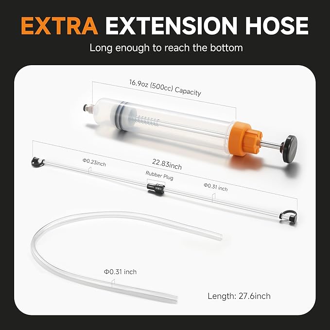 FOUR UNCLES 500cc Fluid Extractor & Fill Pump for Automotive Use - Oil Syringe with a 28" Hose & Two 12" Extension Tubes for Easy Oil Change