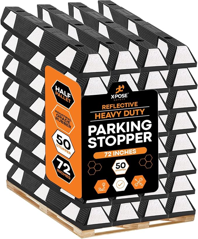 Xpose Safety 72" Heavy Duty Rubber Parking Stopper – Bulk Full Pallet 50 Pack Wheel Blocks for Garage, Driveway, or Ramp – Car Bumper Stop with White Reflective Strips – Removable Floor Mount