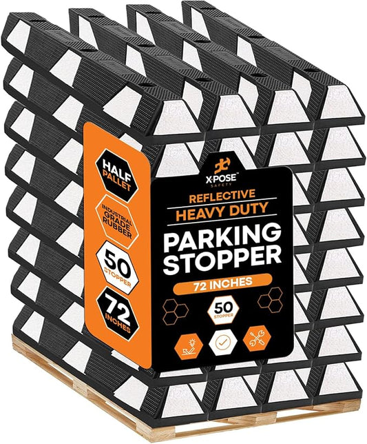 Xpose Safety 72" Heavy Duty Rubber Parking Stopper – Bulk Full Pallet 50 Pack Wheel Blocks for Garage, Driveway, or Ramp – Car Bumper Stop with White Reflective Strips – Removable Floor Mount