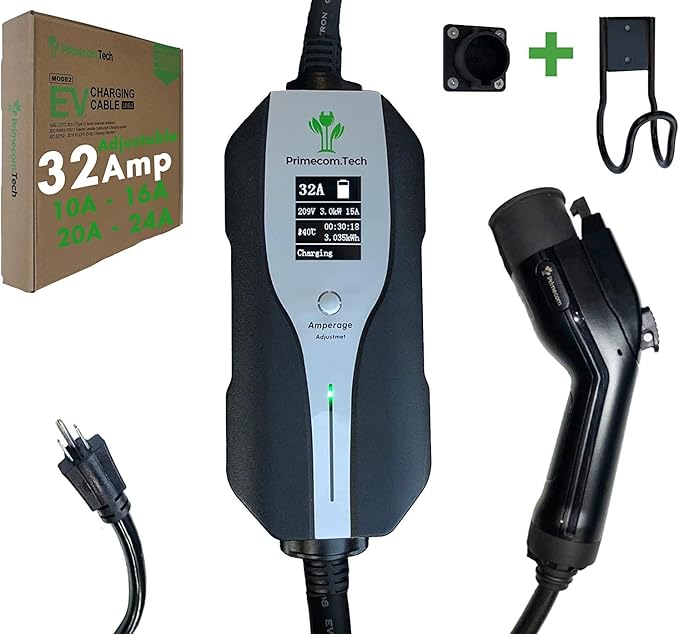 PRIMECOM.TECH Level 2 Electric Vehicle (EV) Charger Amperage Adjustable (10Amp - 16Amp - 20Amp - 24Amp - 32Amp) 30Ft Cable EVSE Plug-in Hybrid (40 FT, 5-15P 120v)