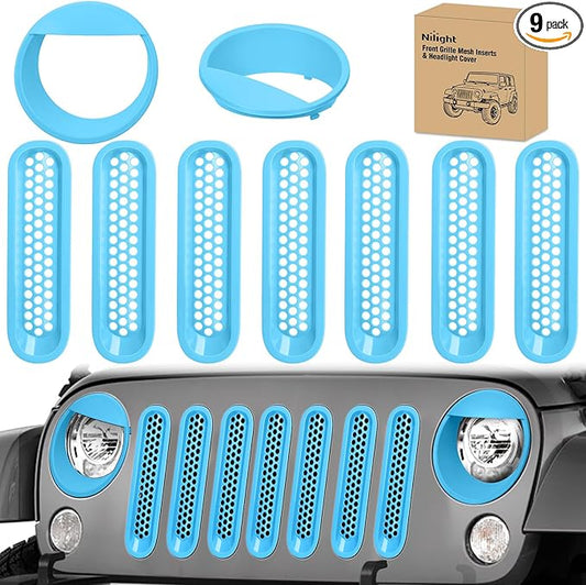Nilight Grill Inserts fit for Jeep Wrangler Front Grille Mesh Inserts & Headlight Cover Set for JK JKU Unlimited Sports Sahara Freedom Rubicon 2007-2018 Clip-in Trim Exterior Accessories Blue 9 Pcs