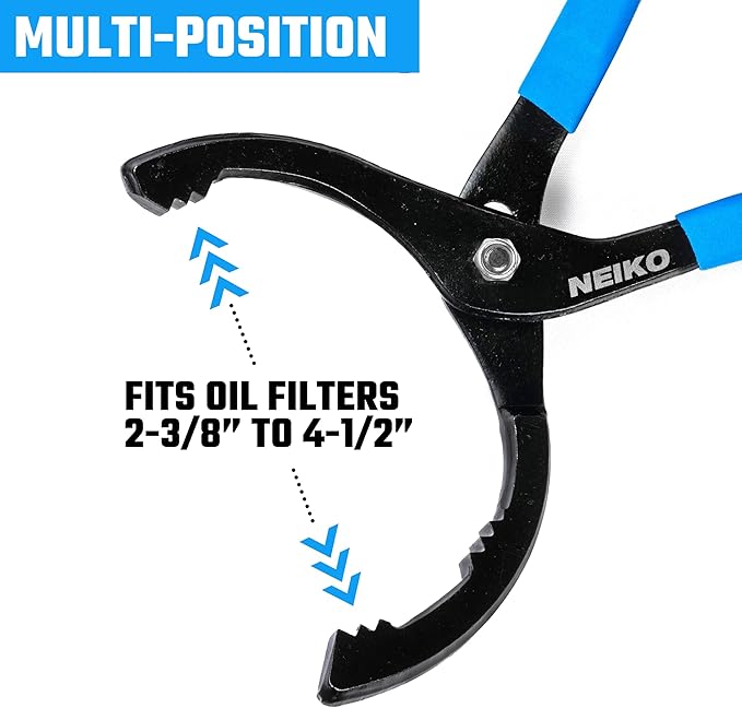 NEIKO 03422A Oil Filter Wrench, 12” Adjustable Oil Filter Pliers, 3 Adjustable Positions, Fits 2-3/8” to 4-1/2”, Oil Change Tools, Filter Removal Tool