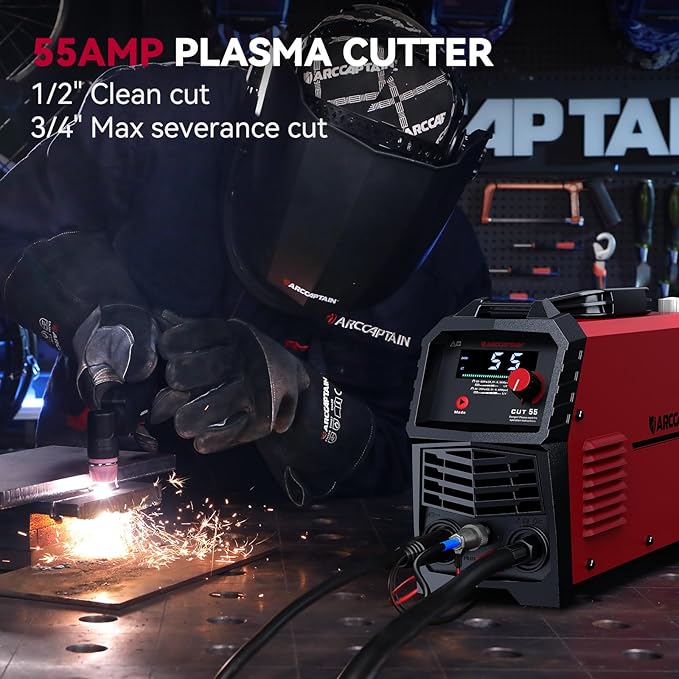 ARCCAPTAIN 55A Plasma Cutter, Large LED Display, Non-Touch Pilot ARC Plasma Cutting Machine, 120/240V Dual Voltage IGBT Inverter, 1/2" Clean Cut, Post Flow, 2T/4T, for Beginners DIY