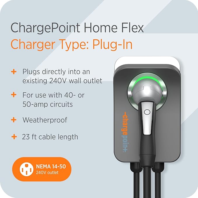 ChargePoint HomeFlex Level 2 EV Charger NEMA 14-50 NACS Plug for Tesla Electric Vehicles - Wall-Mount Fast & Smart Indoor or Outdoor Charging Station for Home, Compatible w/ Tesla Models 3, Y, S & X